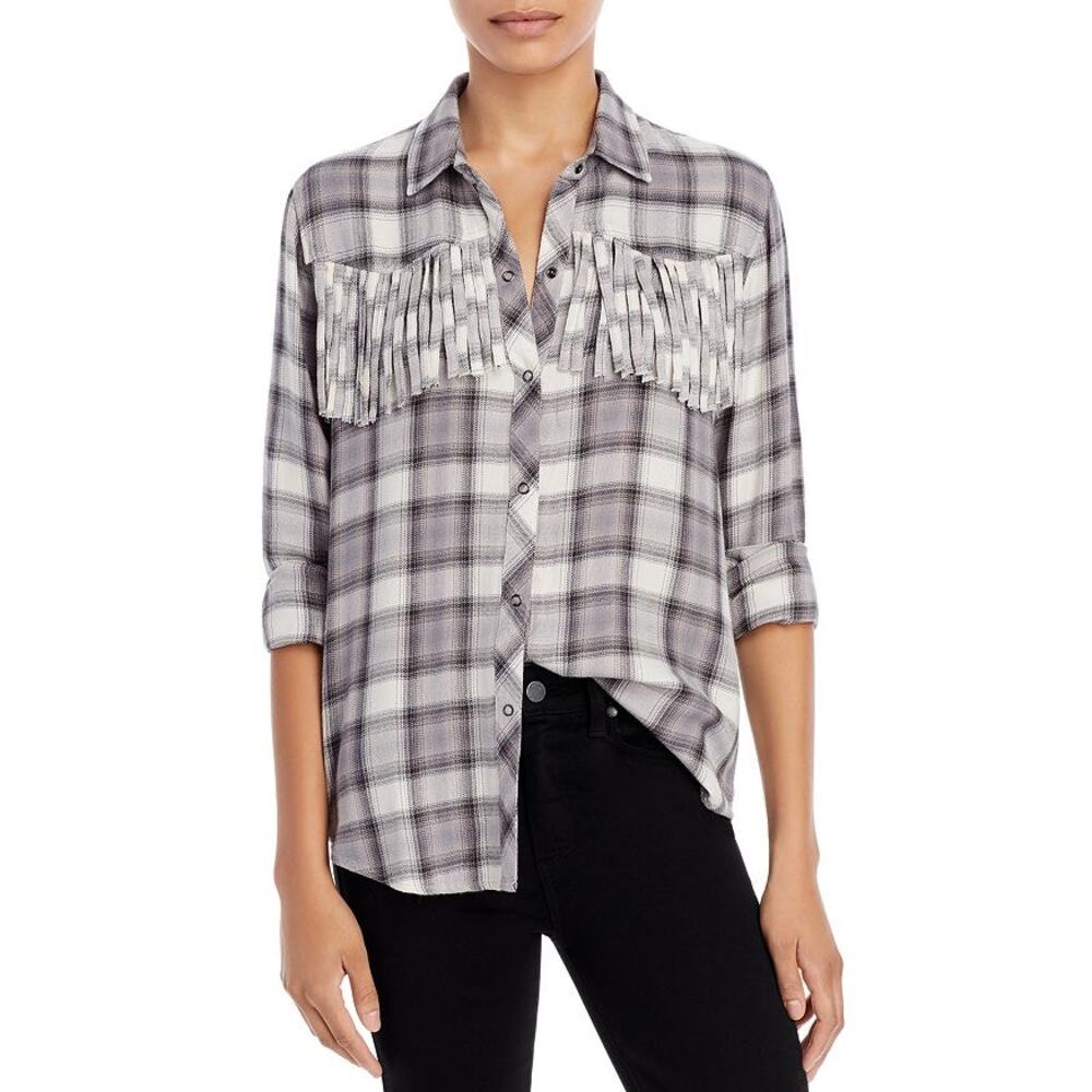 Rails Dolly Plaid Fringe Snap-Front Top Ivory Shadow Size Medium